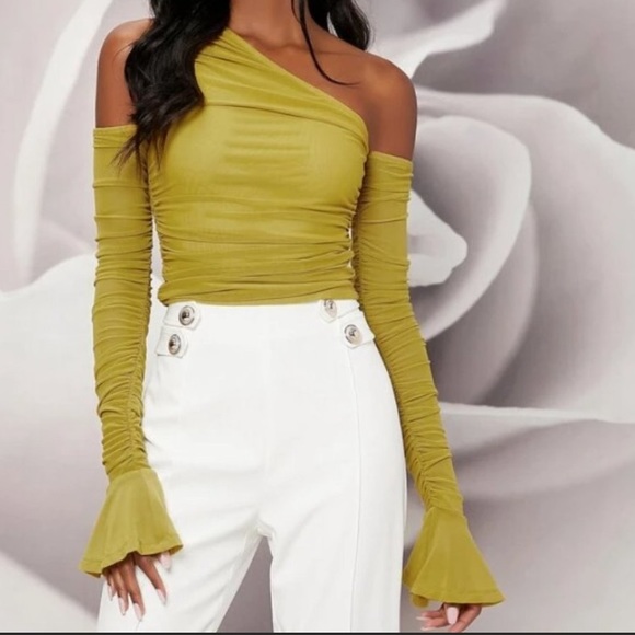 Shein Chartreuse/olive green ruched top Size L - Picture 1 of 17